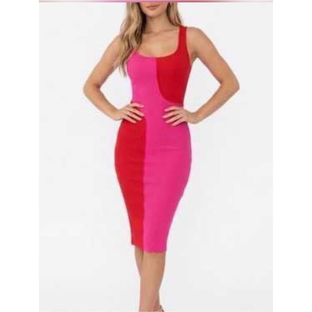 NWOT naked wardrobe Red and Pink Ribbed Bodycon Colorblock Midi Dress S